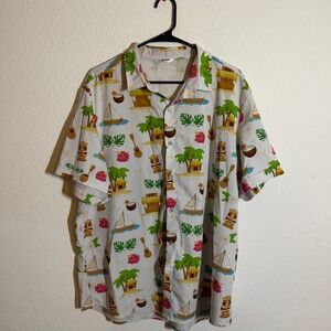 Simmashah Mens XL Tropical Tiki Bar Hawaiian Shirt White Short Sleeve Button Up